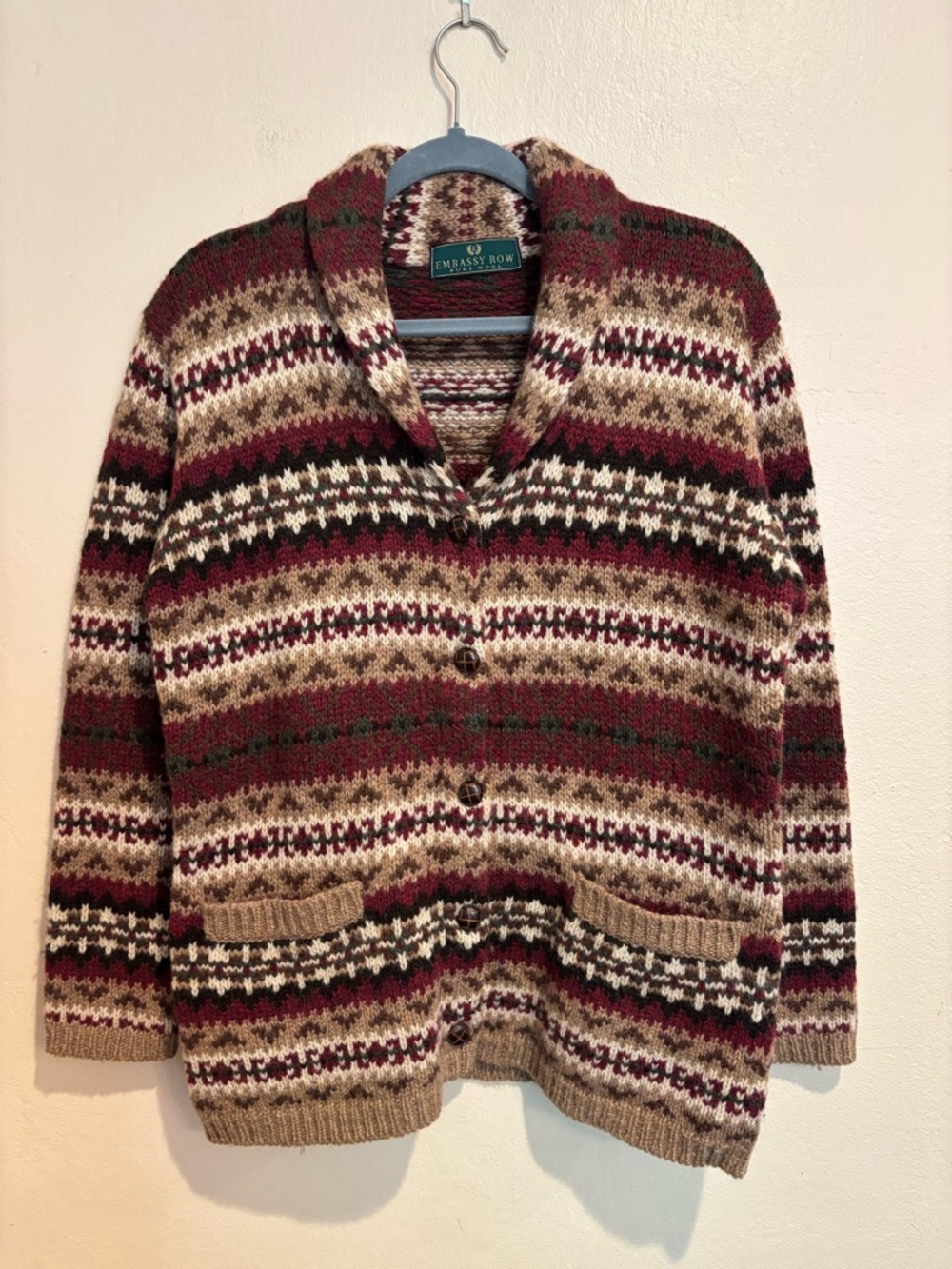 Men's Shawl Collar V-Neck 100% Wool Sweater, Dad Cave Man Vibes